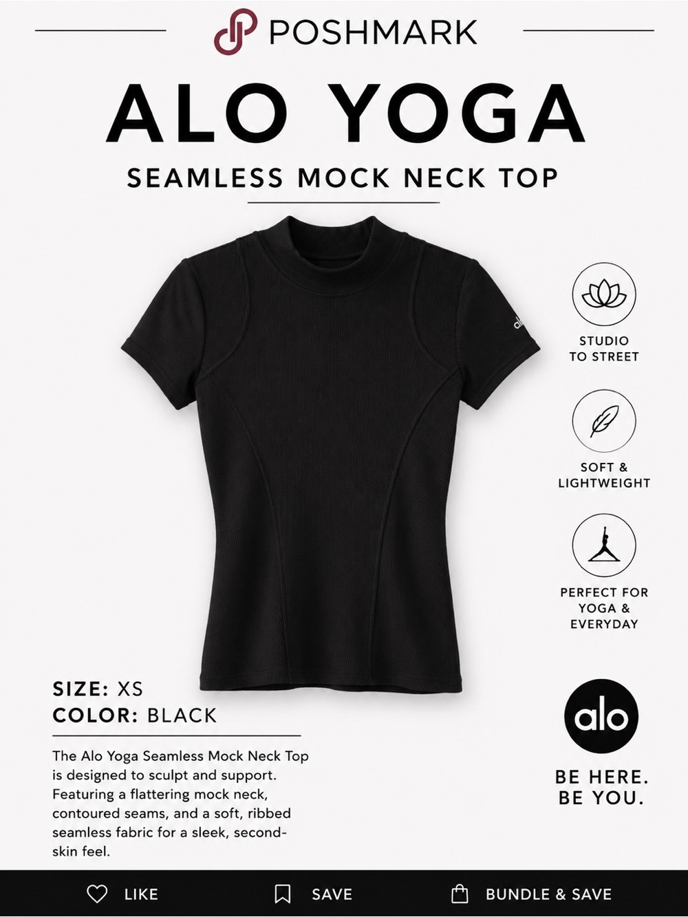 ALO Yoga Black Seamless Mock Neck Short Sleeve Top New size XS
